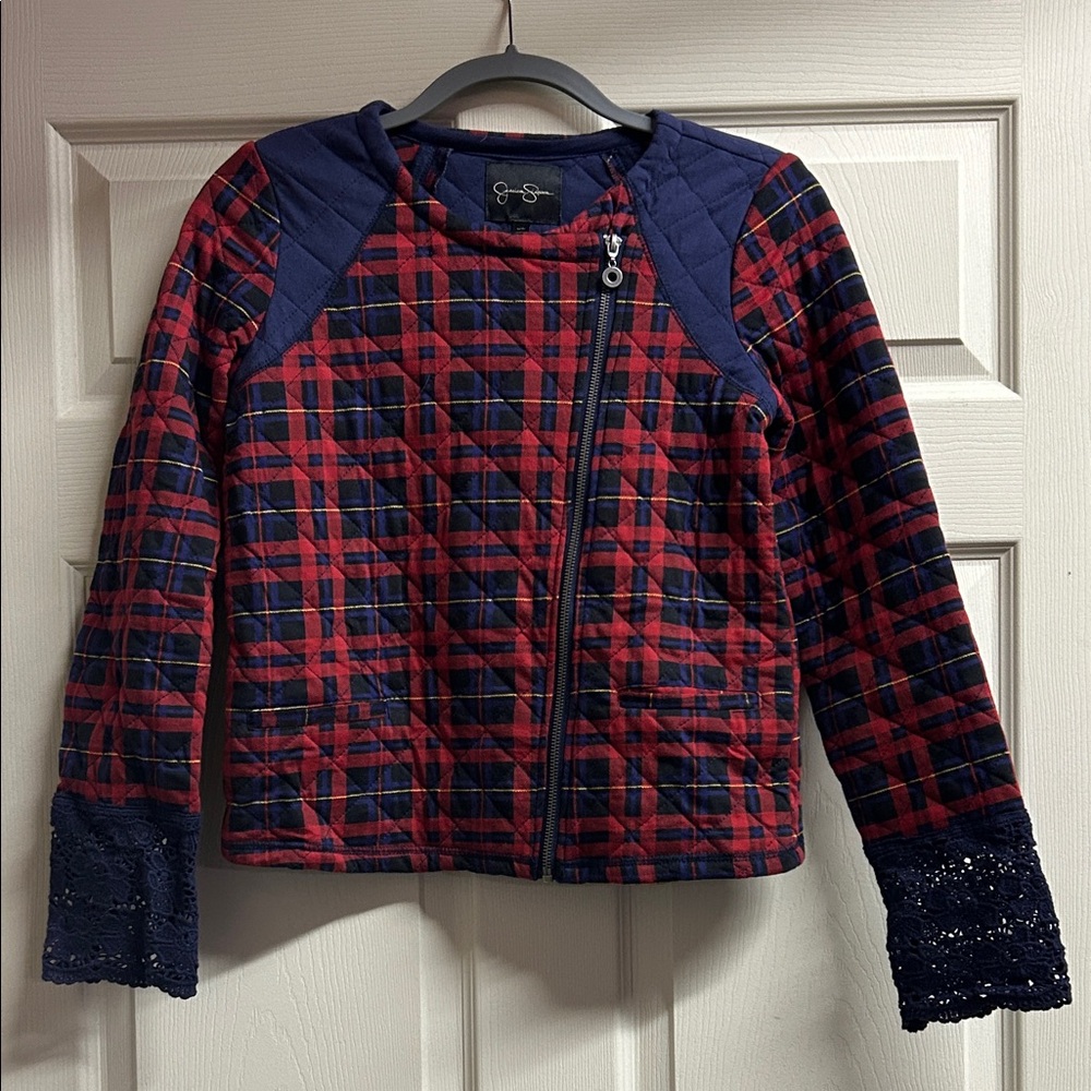 Girls Jessica Simpson Red and Navy Plaid Kids Jacket Lace Detail